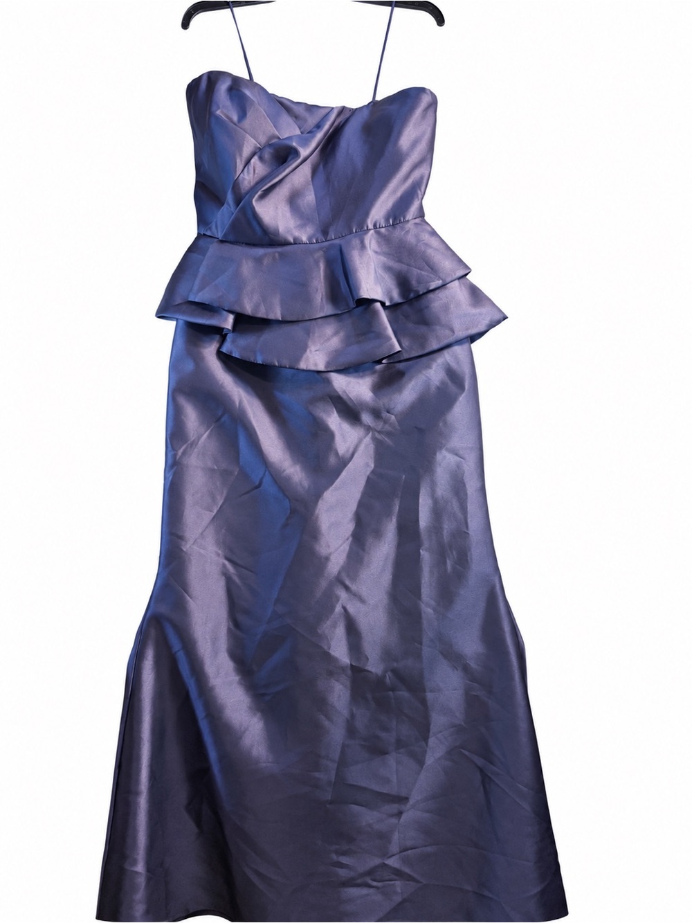 Badgley Mischka size 10 purple strapless peplum ruffle evening gown mermaid hem